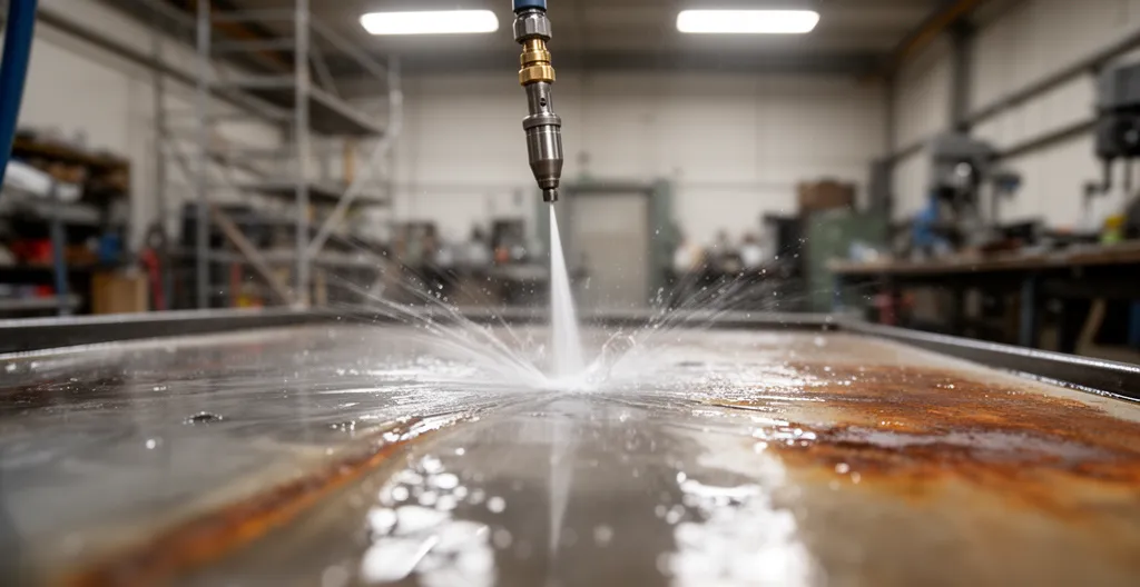 Jet d'eau haute pression en action sur surface métallique industrielle montrant le nettoyage en cours