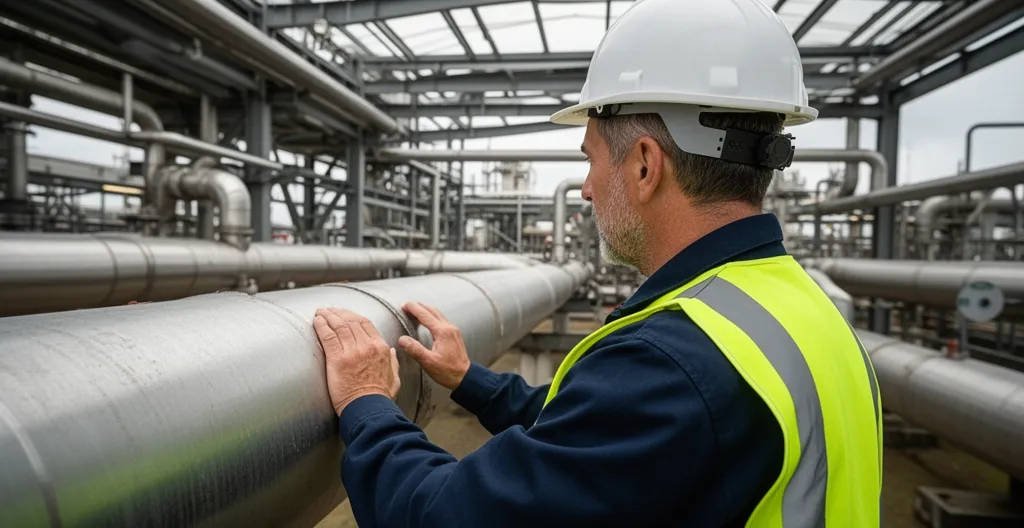 Responsable maintenance en casque et gilet haute visibilité inspectant une section de canalisation nettoyée dans un environnement pétrochimique