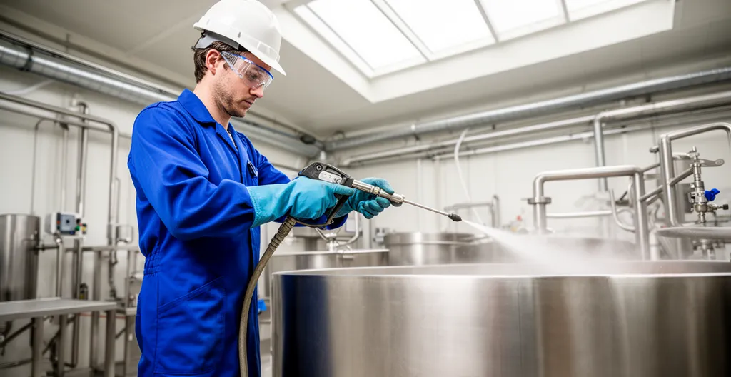 Technicien en équipement de protection réalisant un nettoyage haute pression sur cuve inox dans une usine agroalimentaire