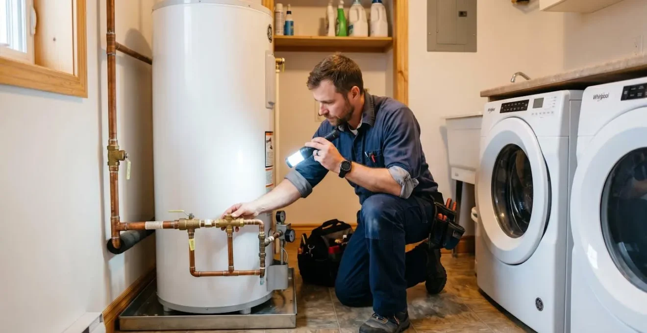 Technicien en plomberie inspectant un chauffe-eau dans une buanderie résidentielle
