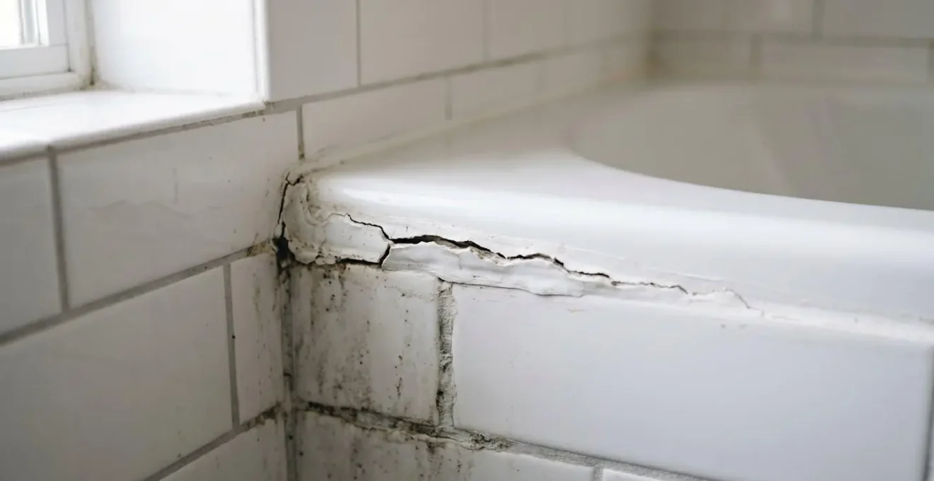 Gros plan sur un joint de silicone fissuré autour d'une baignoire blanche